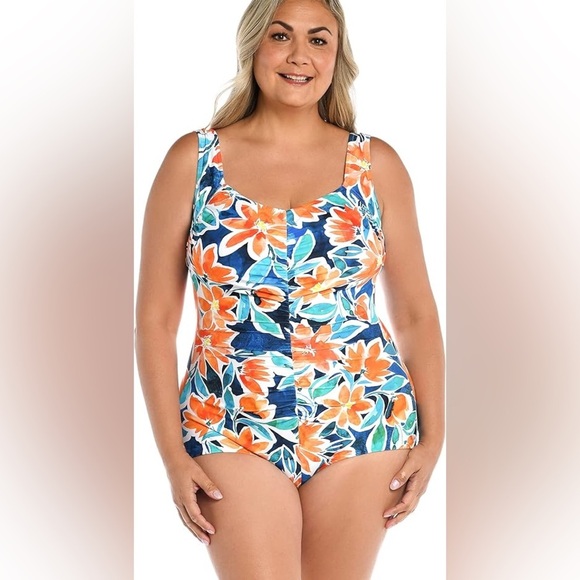 Maxine Of Hollywood Women Shirred Front Girl Leg One Piece Swimsuit,Joyful Bloom - Picture 1 of 7